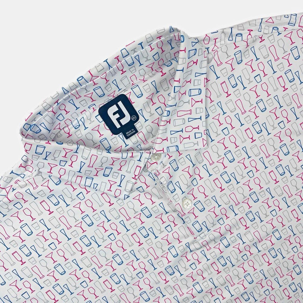 FootJoy Golf Polo Men's 2XL White Lisle Glass Print Short Sleeve Red White Blue
